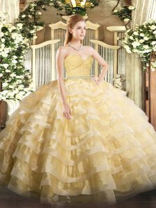 Wonderful Sleeveless Floor Length Beading and Lace and Ruffled Layers Zipper Quinceanera Dress with Gold