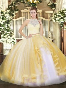 Noble Sleeveless Tulle Floor Length Zipper Quinceanera Gown in Gold with Lace and Ruffles