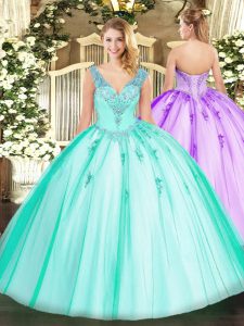 Shining V-neck Sleeveless Sweet 16 Dress Floor Length Beading Turquoise Organza and Tulle