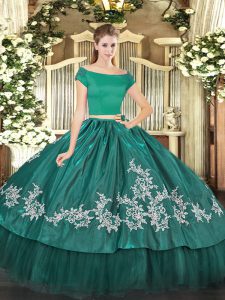 Noble Teal Off The Shoulder Neckline Embroidery Quinceanera Gowns Short Sleeves Zipper