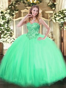 Dramatic Sleeveless Tulle Floor Length Lace Up Quinceanera Gown in Apple Green with Appliques