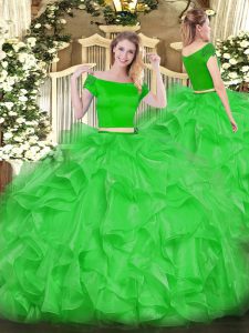Modern Green Organza Zipper Sweet 16 Dresses Short Sleeves Floor Length Appliques and Ruffles