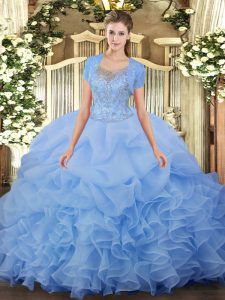 Free and Easy Aqua Blue Ball Gowns Beading and Ruffled Layers Quince Ball Gowns Clasp Handle Tulle Sleeveless Floor Length
