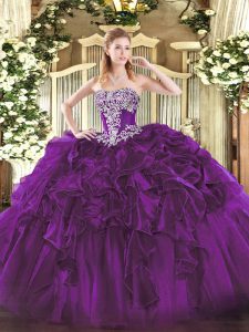 Sleeveless Organza Floor Length Lace Up 15 Quinceanera Dress in Dark Purple with Beading and Ruffles