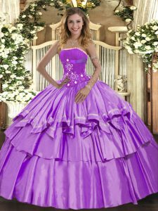 Fitting Lavender Organza and Taffeta Lace Up Strapless Sleeveless Floor Length Ball Gown Prom Dress Beading and Ruffled Layers