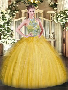 Gold Lace Up Halter Top Beading and Ruffles Quinceanera Gown Tulle Sleeveless