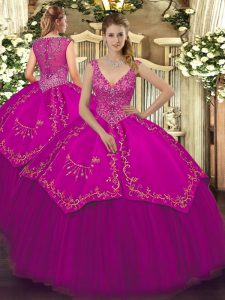 Custom Fit Fuchsia Zipper Quinceanera Gown Beading and Embroidery Sleeveless Floor Length