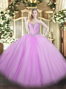 Custom Designed Sleeveless Tulle Floor Length Lace Up Quinceanera Gown in Lavender with Beading
