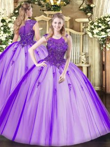 Tulle Scoop Sleeveless Zipper Beading Quinceanera Gown in Purple
