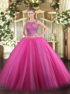Cute Sleeveless Tulle Floor Length Lace Up Sweet 16 Quinceanera Dress in Hot Pink with Beading