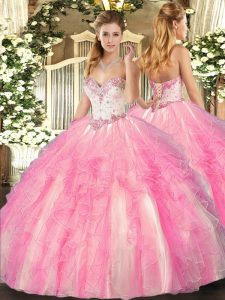 Luxury Ball Gowns Quince Ball Gowns Rose Pink Sweetheart Tulle Sleeveless Floor Length Lace Up