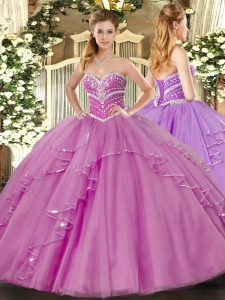 Romantic Lilac Lace Up Quinceanera Gown Beading and Ruffles Sleeveless Floor Length
