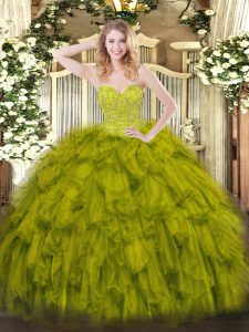 Lovely Sweetheart Sleeveless 15th Birthday Dress Floor Length Beading and Ruffles Olive Green Organza