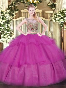 Custom Designed Sleeveless Tulle Floor Length Lace Up Vestidos de Quinceanera in Fuchsia with Beading and Ruffled Layers