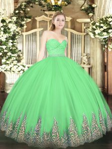 Sleeveless Tulle Floor Length Zipper Sweet 16 Quinceanera Dress in Green with Beading and Lace and Appliques
