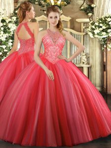 High-neck Sleeveless 15th Birthday Dress Floor Length Beading Coral Red Tulle