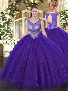 Purple Sleeveless Tulle and Sequined Lace Up 15 Quinceanera Dress for Sweet 16 and Quinceanera