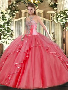 Coral Red Lace Up Sweet 16 Dresses Beading and Ruffles Sleeveless Floor Length