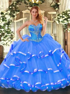 Luxurious Blue Lace Up Sweet 16 Dress Beading and Ruffled Layers Sleeveless Floor Length