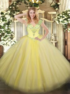 Floor Length Light Yellow Quinceanera Gown V-neck Sleeveless Lace Up
