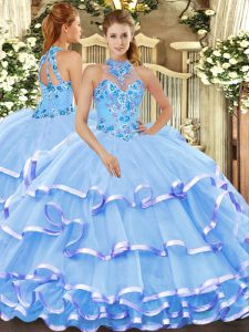 Inexpensive Baby Blue Ball Gowns Beading and Embroidery Quinceanera Dress Lace Up Organza Sleeveless Floor Length