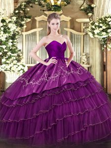 Sleeveless Floor Length Embroidery and Ruffled Layers Zipper Quince Ball Gowns with Eggplant Purple