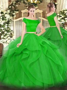 Short Sleeves Tulle Floor Length Zipper Quinceanera Gown in Green with Appliques and Ruffles