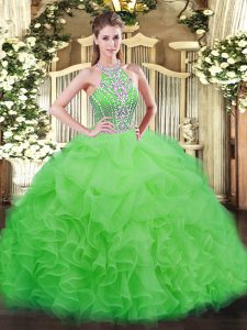 Noble Floor Length 15 Quinceanera Dress Halter Top Sleeveless Lace Up