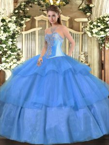 New Style Ball Gowns Quinceanera Dresses Baby Blue Sweetheart Tulle Sleeveless Floor Length Lace Up