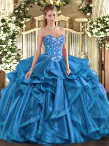 Sleeveless Organza Floor Length Lace Up Vestidos de Quinceanera in Blue with Embroidery and Ruffles