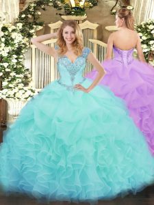 Aqua Blue Ball Gowns V-neck Sleeveless Organza Floor Length Lace Up Ruffles 15th Birthday Dress