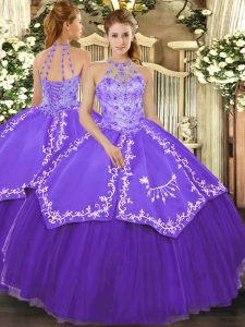 Floor Length Purple Sweet 16 Dresses Satin and Tulle Sleeveless Beading and Embroidery