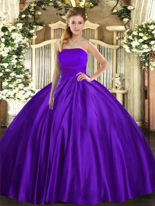 Glittering Sleeveless Satin Floor Length Lace Up Quinceanera Gowns in Purple with Ruching