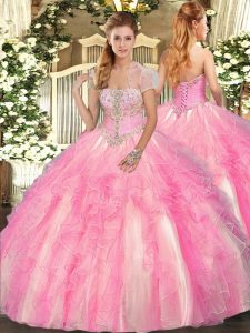 Beauteous Rose Pink Ball Gowns Strapless Sleeveless Tulle Floor Length Lace Up Appliques and Ruffles Sweet 16 Quinceanera Dress