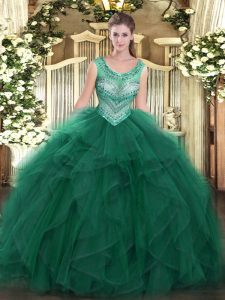 Wonderful Sleeveless Tulle Floor Length Lace Up 15 Quinceanera Dress in Dark Green with Beading and Ruffles