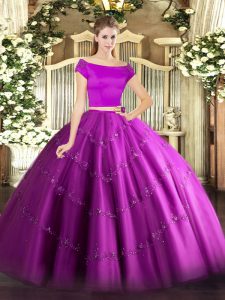 Off The Shoulder Short Sleeves Zipper 15th Birthday Dress Fuchsia Tulle