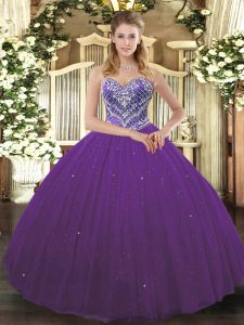 Wonderful Purple Sleeveless Floor Length Beading Lace Up Sweet 16 Quinceanera Dress
