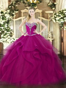 Glamorous Sleeveless Tulle Floor Length Lace Up Sweet 16 Quinceanera Dress in Fuchsia with Beading and Ruffles