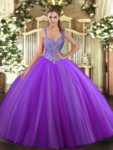 Luxurious Purple Ball Gowns V-neck Sleeveless Tulle Floor Length Lace Up Beading Quince Ball Gowns