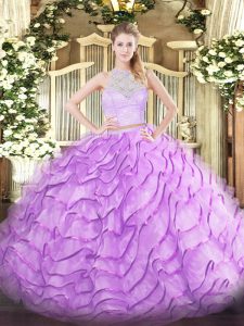 Tulle Sleeveless Sweet 16 Dress Brush Train and Lace and Ruffles