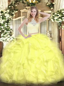 Gorgeous Organza Scoop Sleeveless Zipper Lace and Ruffles Quince Ball Gowns in Yellow