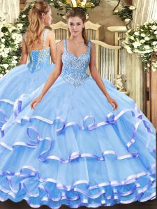 Designer Floor Length Blue Sweet 16 Dress Straps Sleeveless Lace Up