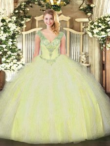 Floor Length Yellow Green Quinceanera Dresses V-neck Sleeveless Lace Up