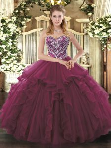Sweetheart Sleeveless Vestidos de Quinceanera Floor Length Beading and Ruffles Burgundy Tulle