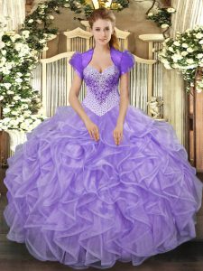 Lavender Ball Gowns Organza Sweetheart Sleeveless Beading and Ruffles Floor Length Lace Up Quinceanera Dress