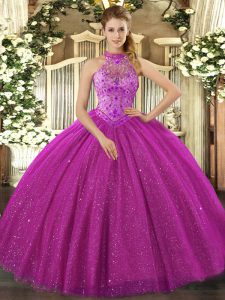Fuchsia Lace Up Sweet 16 Quinceanera Dress Beading and Embroidery Sleeveless Floor Length