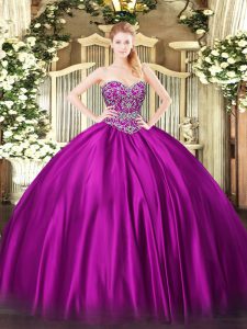 Super Sleeveless Satin Floor Length Lace Up Ball Gown Prom Dress in Fuchsia with Beading
