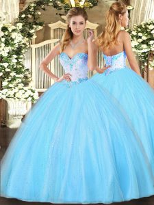 Aqua Blue Lace Up Sweet 16 Dresses Beading Sleeveless Floor Length