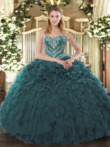 Teal Ball Gowns Sweetheart Sleeveless Tulle Floor Length Lace Up Beading and Ruffled Layers Quinceanera Gown