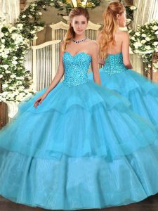 Floor Length Lace Up Vestidos de Quinceanera Aqua Blue for Military Ball and Sweet 16 and Quinceanera with Beading and Ruffled Layers